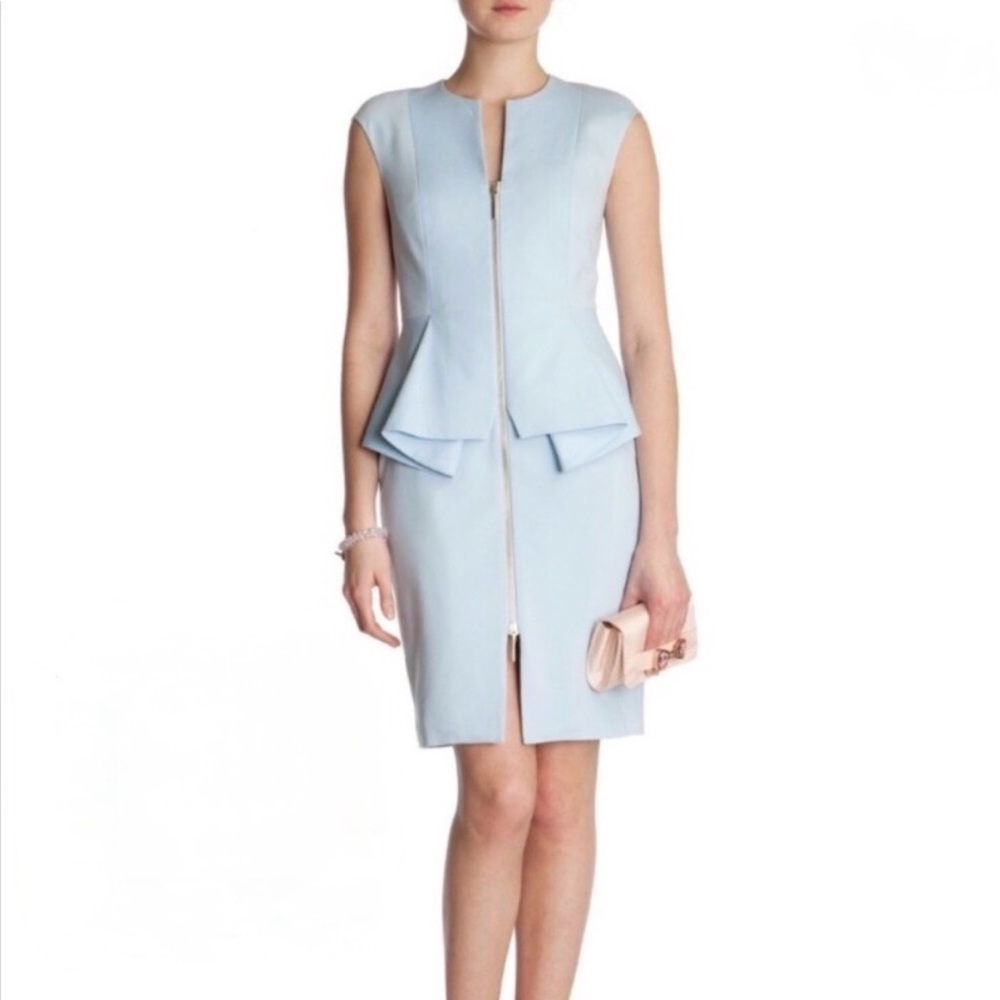 Ted Baker Jamthun Baby Blue Peplum Pencil Dress Zipper Bodycon Ruffle US 6